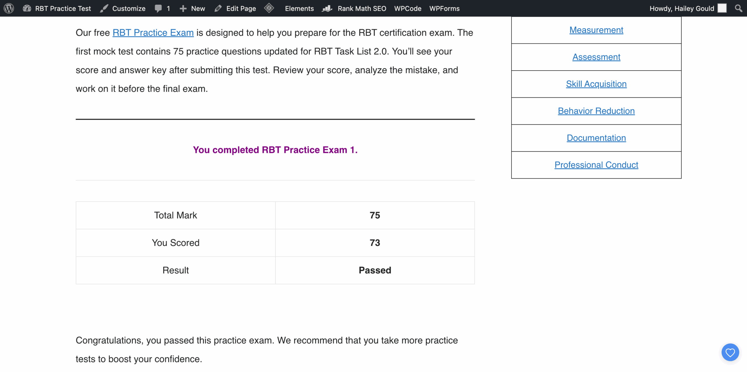 RBT Practice Test 1 Result Page